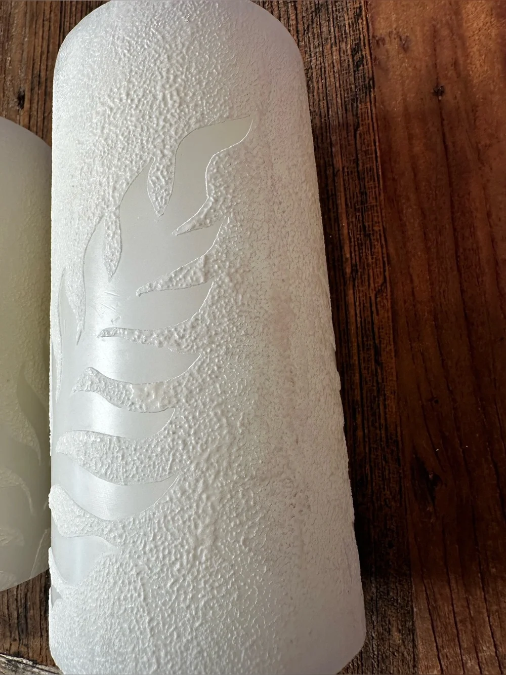 White Frosted Glass Leaf Pillar Candle - Set of 2
